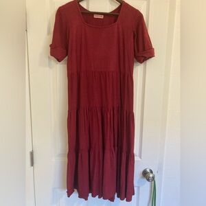 Maroon Tiered Linen Midi Dress